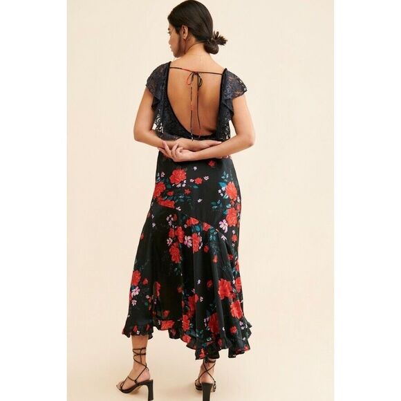 NWT Free People Warm Hearts Floral Lace Neckline Asymmetrical Midi Dress Xs - Picture 3 of 10